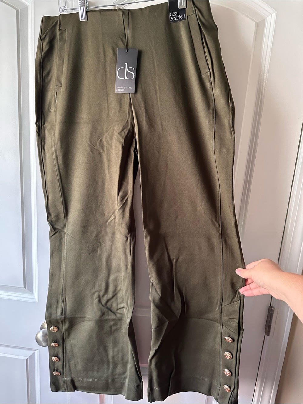 Dear Scarlett Olive Green Boot-Cut Pants with Button Detail
